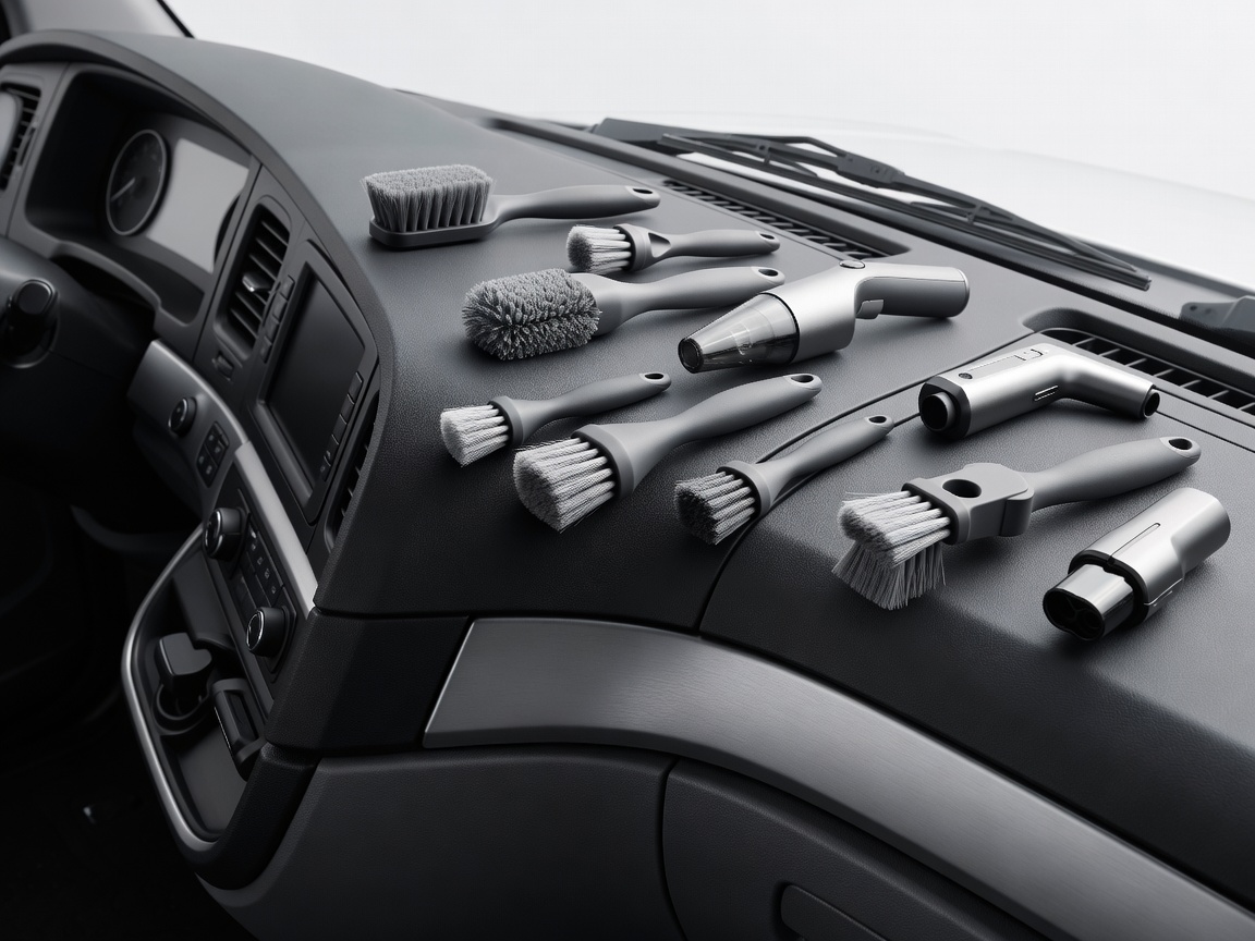 Clean commercial driver cab dashboard with micro-detail brushes and extraction equipment