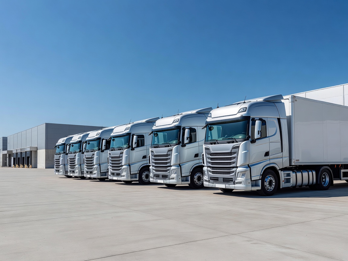 Clean European logistics yard with modern commercial trucks lined up beneath clear skies