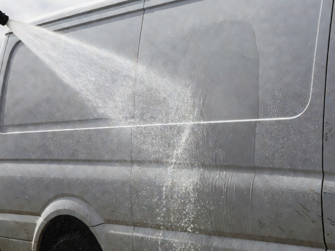 Commercial van exterior panel being rinsed with high-volume filtered water spray