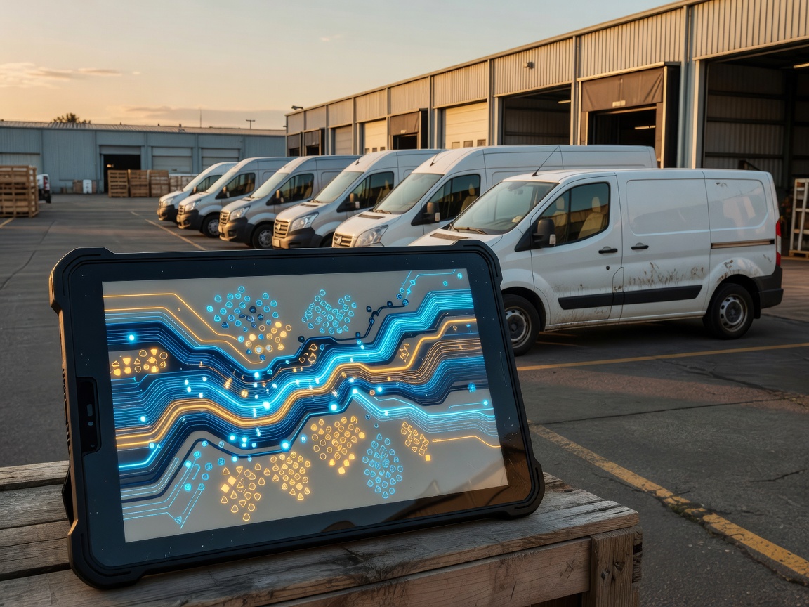 Digital tablet showing route optimization schedules alongside parked delivery vans