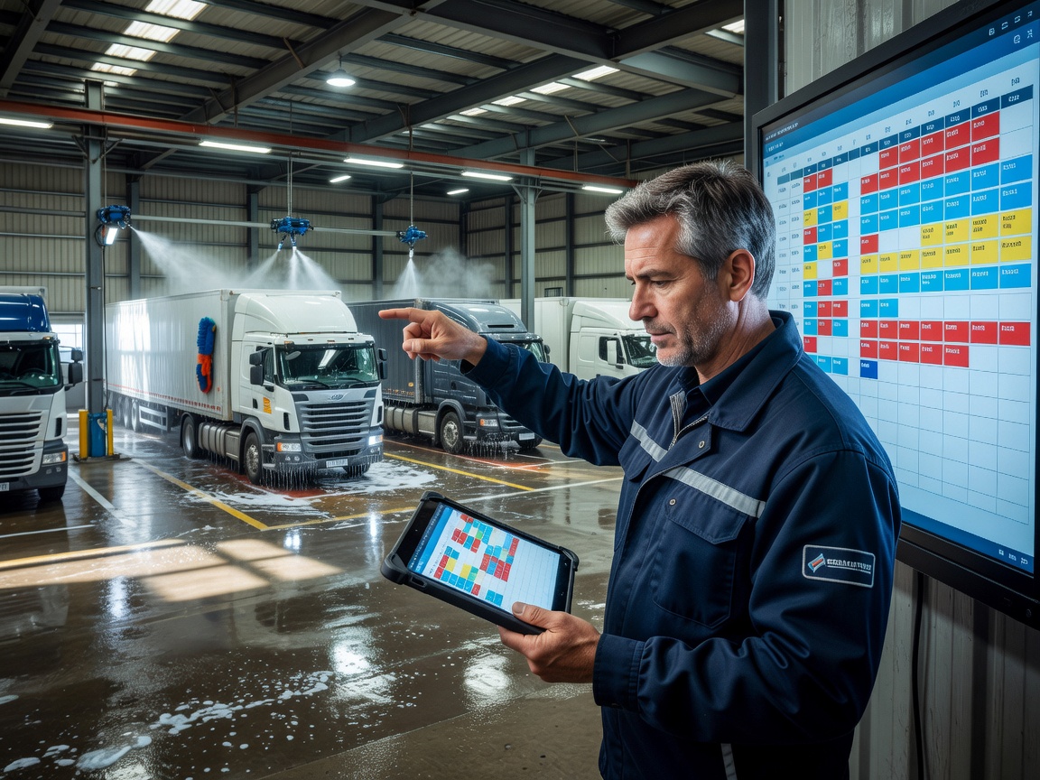 Fleet manager organizing vehicle washing bay rotations using digital scheduling boards