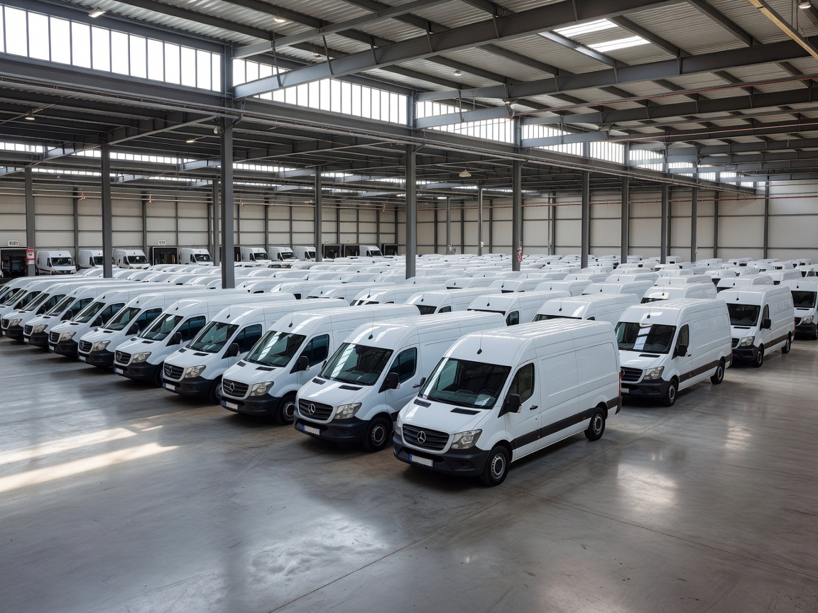 Fleet of commercial transport vans parked neatly in an organized European logistics depot bay