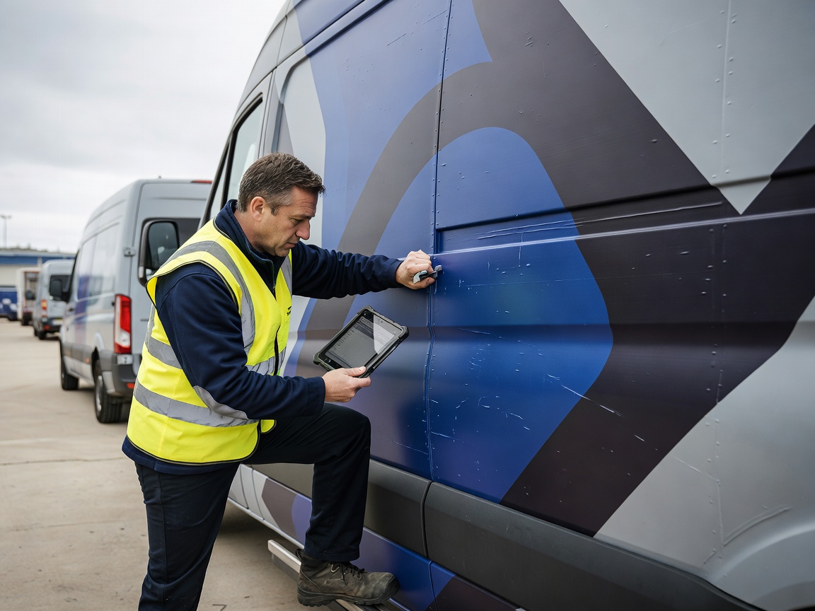 Fleet quality auditor carrying digital tablet inspecting commercial delivery vehicle livery seams