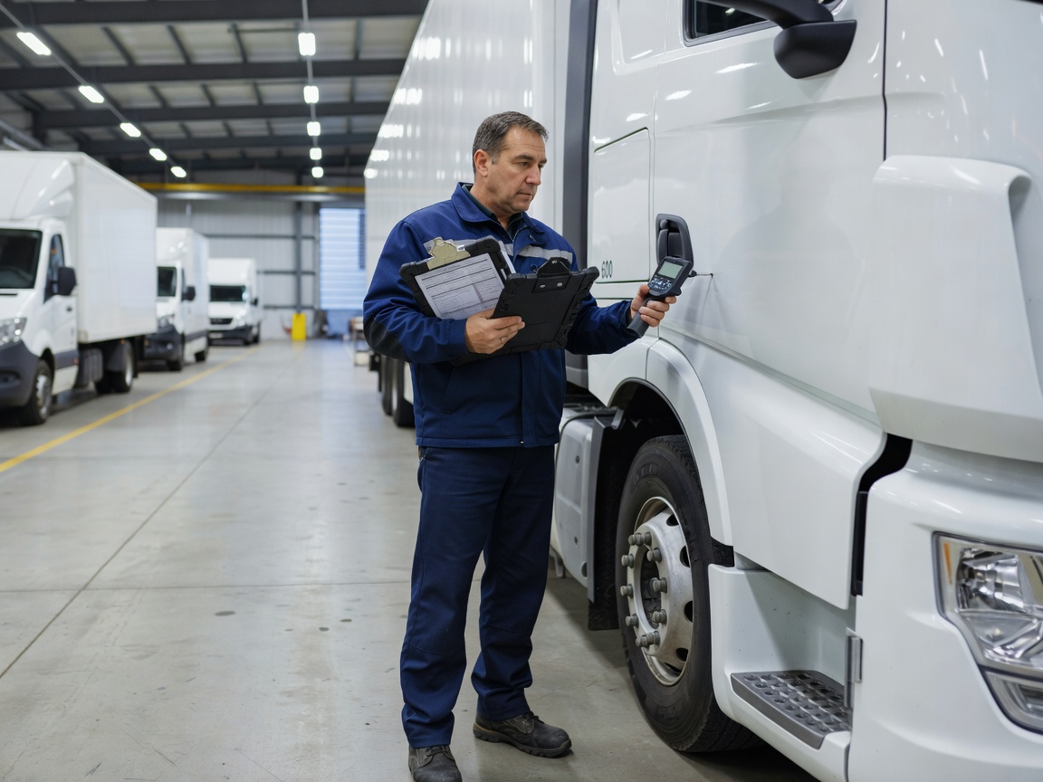 Inspector clipboard and digital gauge checking fleet body panels for cleanliness and defect points