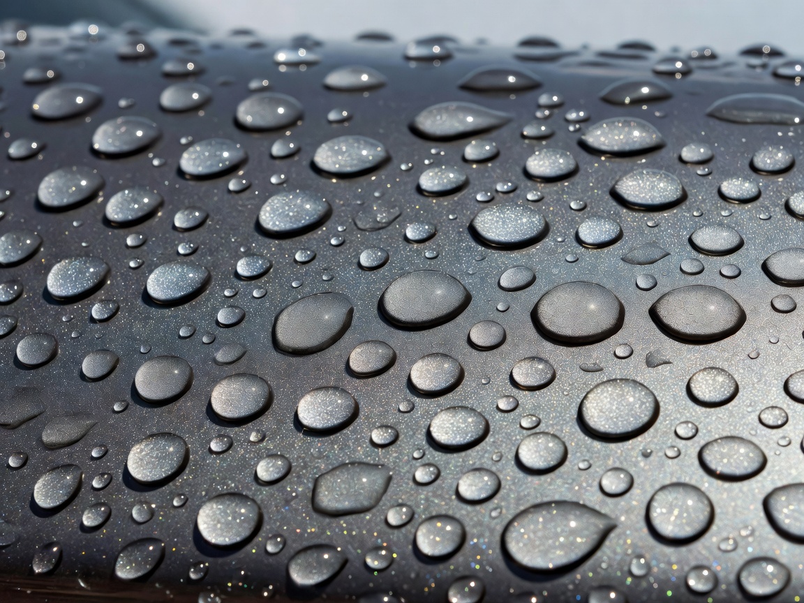 Macro view of hydrophobic water beading on commercial vehicle metallic paint after ceramic coating