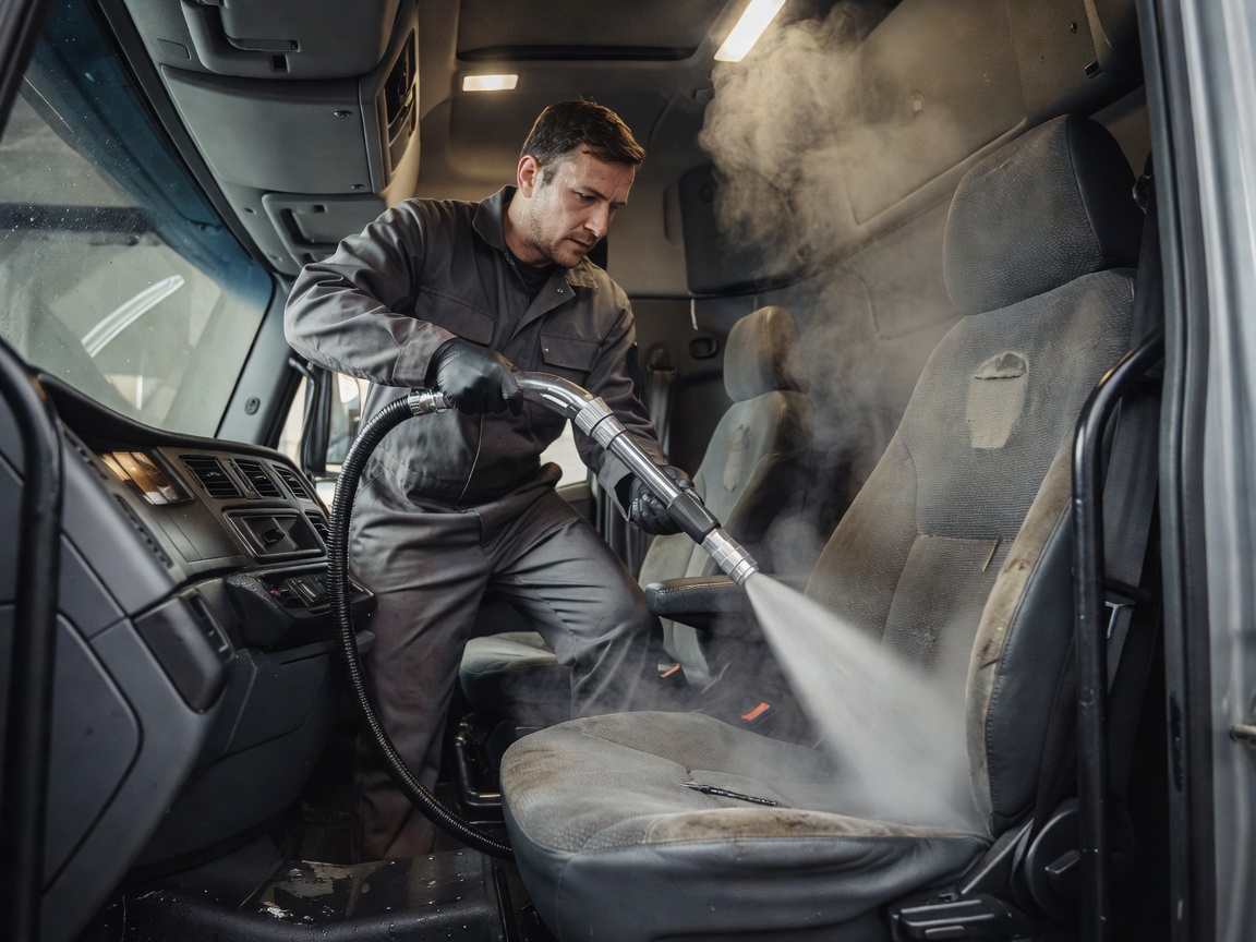 Professional steam cleaning technician thoroughly sanitizing commercial truck seats and cabin upholstery