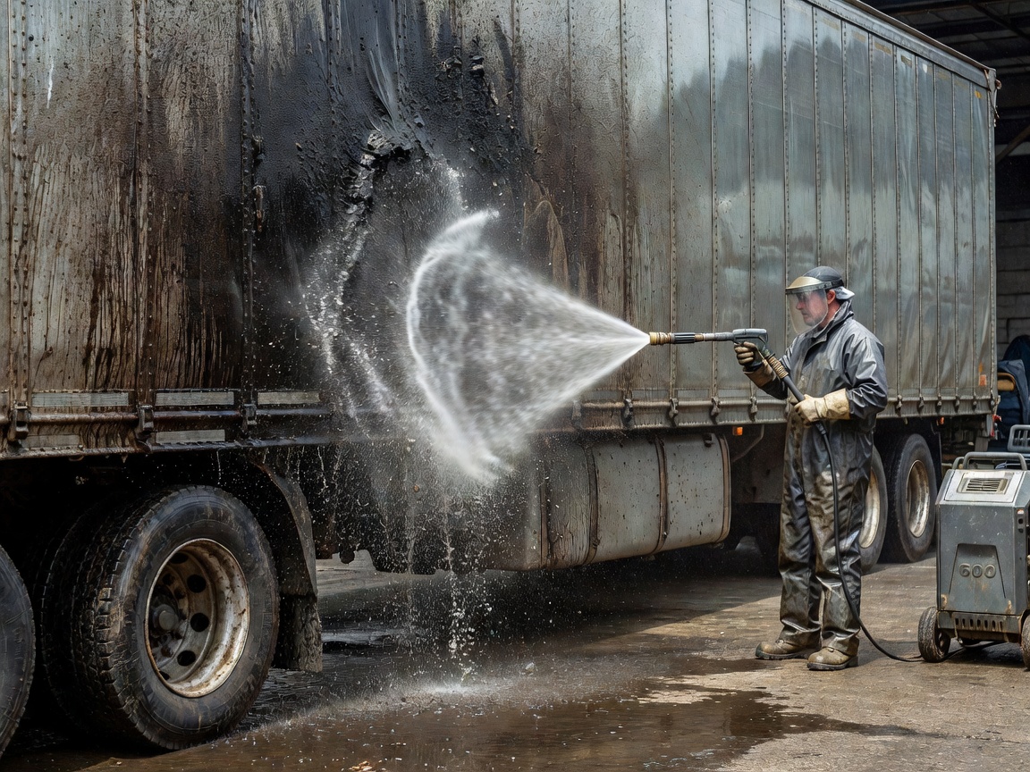 Specialist pressure washing road grime from heavy commercial transport side panels