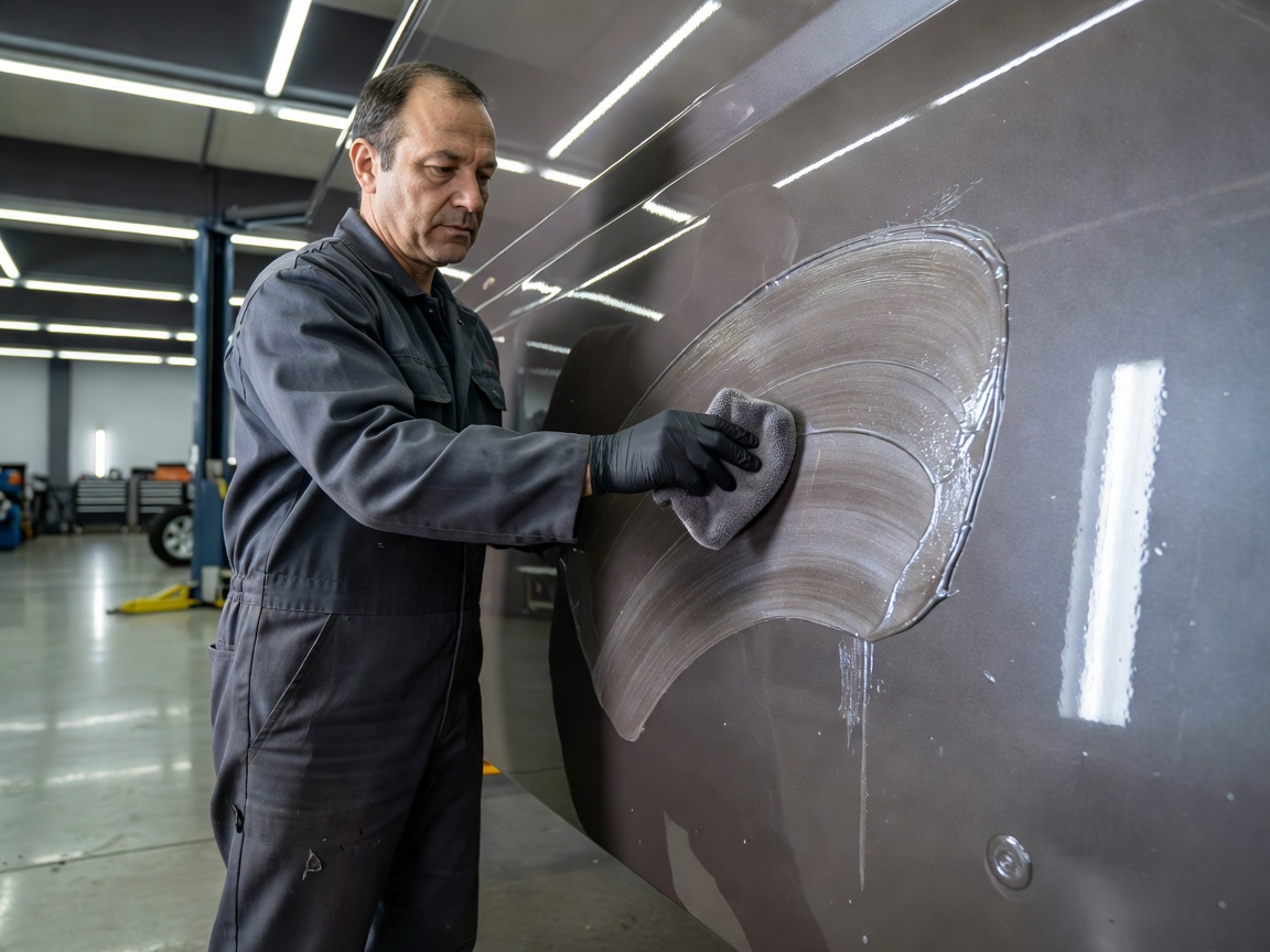 Technician applying ceramic ceramic protective sealant to commercial panel paintwork